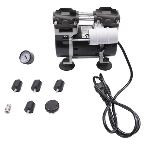 Heavy Duty Oilless Vacuum Pump That Runs Like A Dream With 50 Liters Per Minute Output And 150 Watt Pure Copper Motor showcasing pressure gauge and accessories.