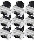 9 Pack Badass Bright Recessed LED Downlights With Aluminum Square Baffle Trim And Adjustable COB Gimbal Spotlight in white square housing.