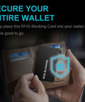 Person inserting RFID Blocking Card in wallet; part of 5 Pack RFID Blocking Card Shields For Wallets And Passports, Keeps Your Wallet Safe And Your Info Locked Down By Stopping NFC Skimming On Credit Cards And IDs, Ultra Slim Black Card Protectors For Contactless Payment And Travel.