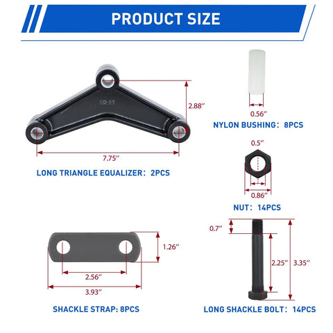Trailer Axle Equalizer Shackle Kit For Double Eye Springs 3500 To 5200 Lbs Axles with parts sizes and measurements