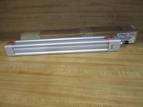 Rexroth Bosch TM-811000-03130 Pneumatic Cylinder, 12.5 inch stroke, 17 inch body, displayed with packaging on wooden surface