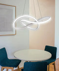Dimmable LED Pendant Light With Irregular Ring Design, Remote Control, White Finish, Modern Sleek Chandelier for Dining Room, 48W