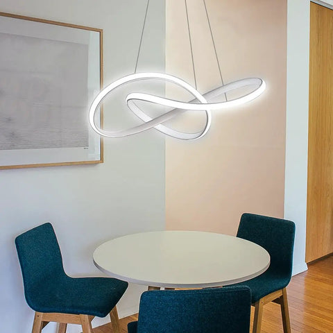Dimmable LED Pendant Light With Irregular Ring Design, Remote Control, White Finish, Modern Sleek Chandelier for Dining Room, 48W