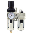 Dual Unit Quarter Inch NPT Pro Grade Compressed Air Filter Regulator Lubricator Combo With Gauge And Bracket Semi Auto Drain Water Oil Trap Separator Poly Bowl And Metal Guard