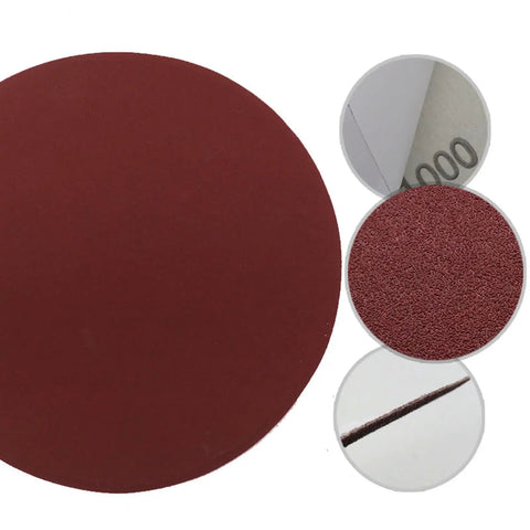Top Notch 5 Inch Hook And Loop Sanding Discs With Red Grit For Electric Polishers Hand Sanders Woodworking Furniture Dry Sanding Heavy Duty Silicon Carbide Performance close-up of red grit sanding disc.