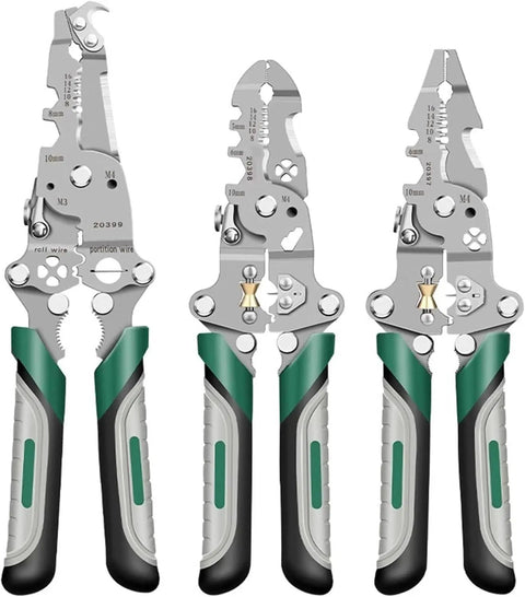 Straight-Up Tough 18-In-1 Folding Wire Stripper And No-Fuss Multifunction Crimping Tool With Integrated Voltage Tester For Automotive Repair And Electrical Jobs Featuring Soft Touch Grips displayed at an angle, revealing metallic sheen and soft touch grips.