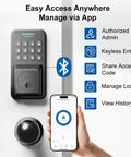 Keyless Entry Door Lock With Smart Knob Set And App Control Generating One Hundred Secure Pin Codes for Family or Guest Access, with Bluetooth feature.