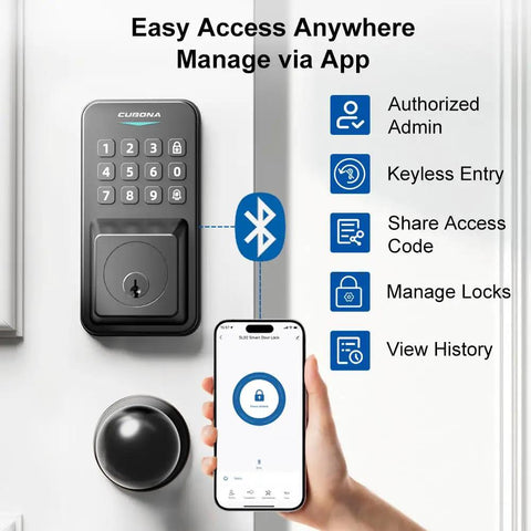 Keyless Entry Door Lock With Smart Knob Set And App Control Generating One Hundred Secure Pin Codes for Family or Guest Access, with Bluetooth feature.