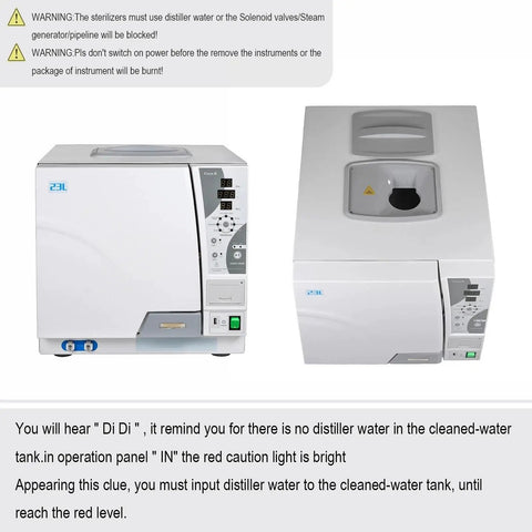 23 Liter Class B Steam Autoclave With Built In Printer showing operational panel and water tank warning indicator.