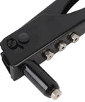Close-up of Heavy Duty Rivet Tool Kit with 120 Rivets for Metal and Plastic, showing black handle and metal nozzle details.