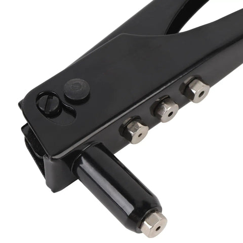 Close-up of Heavy Duty Rivet Tool Kit with 120 Rivets for Metal and Plastic, showing black handle and metal nozzle details.