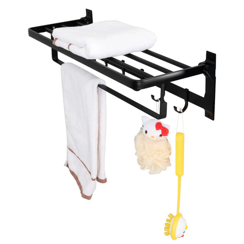 Pro Grade Heavy Duty Aluminum Wall Mount Towel Rack With Shelf And Hooks 24 Inch Double Foldable Towel Bar Matte Black Bathroom Organizer