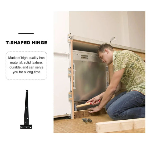 Man installing 10 Pack Galvanized T Shape Heavy Duty Hinges For Outdoor Gates Barn Doors Sheds And Furniture Durable Iron Hardware Easy Install
