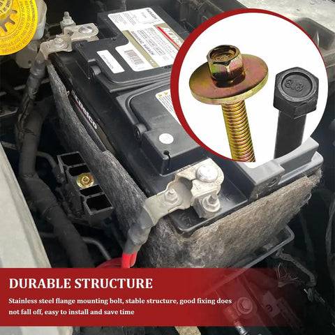 Image showing Heavy Duty Battery Hold Down Clamp Kit for Ford Mercury Lincoln Cars with stainless steel bolts on car battery.