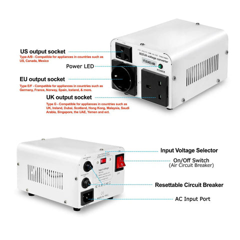 Beefy 800W Step Up Down Voltage Converter Transformer 110V to 220V 220V to 110V with US UK EU power cords and three AC outlets