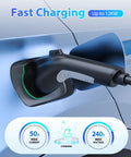 Heavy Duty J1772 Extension Cable 40Ft 50A Electric Vehicle Charging Cord plugged into EV, showing fast charging metrics.