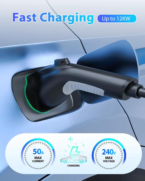 Heavy Duty J1772 Extension Cable 40Ft 50A Electric Vehicle Charging Cord plugged into EV, showing fast charging metrics.