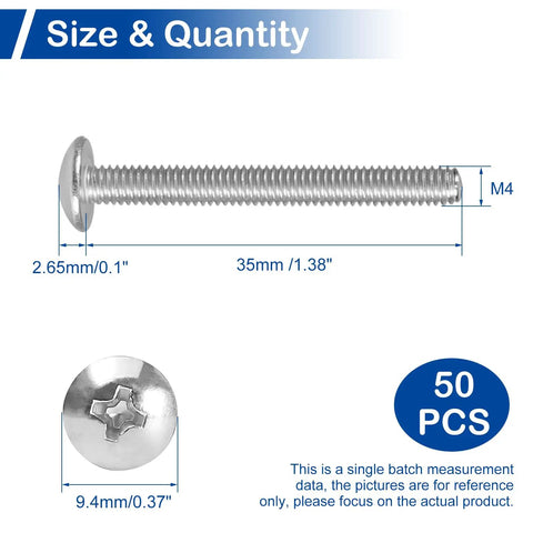 50 Pcs M4 x 35mm Truss Head Machine Screws for Cabinet Knob Pull Handles in Stainless Steel 304, screw measurements