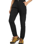Women's Go-To Hiking Cargo Pants With 6 Pockets Lightweight Water Resistant Quick-Dry 4-Way Stretch Stain-Resistant Built For Fishing Camping Travel And Work Black Large, shown with hiking shoes.