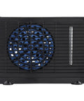 Compact 12V Car And Home Mini Air Cooler With Evaporative Water Cooling And Two Speed Switches, front view with blue fan.