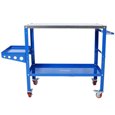 Rock Solid Carbon Steel Welding Table With Smart Tool Tray And Easy Rolling Locking Casters 36 By 18 Inches with blue finish.