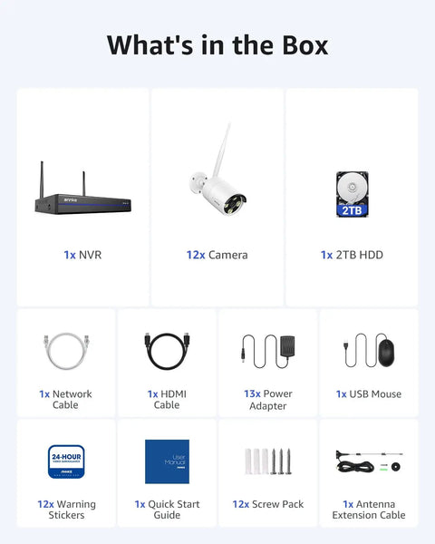 Image showing contents of Wireless Security Camera System Kit With 2TB Hard Drive 16 Channel 4K WiFi NVR, including NVR, cameras, HDD.