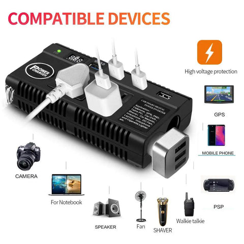 Game Changer 120W Car Power Inverter Loads Up Your Ride With Four Quick Charge Usb Slots And Three Standard Outlets featuring device connectivity.