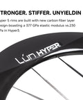 Close-up of Hyper 5 Road Bike Carbon Spoke Wheelset 700C Glossy Black White Decal, showing hidden spokes and rim design.