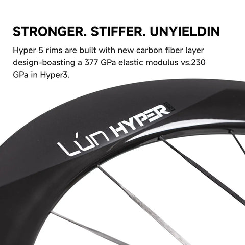 Close-up of Hyper 5 Road Bike Carbon Spoke Wheelset 700C Glossy Black White Decal, showing hidden spokes and rim design.