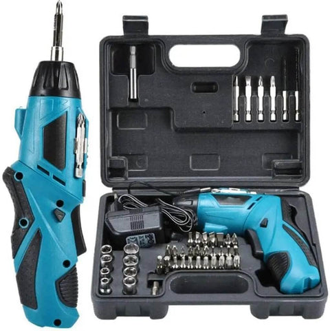 Drop Dead Easy Lithium Ion Cordless Hammer Drill And Impact Driver Workhorse Kit With Rapid Charger and Tough Tote Bag View with tools and bits.