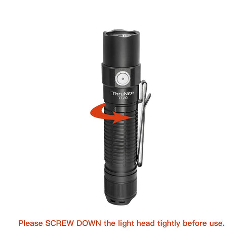 Rechargeable TT20 Flashlight With USB C Charging, Turbo Power Up To 2526 Lumens, 258 Meter Beam with tightening instructions