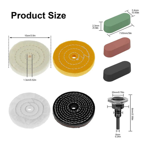 Pro Buffing Polishing Wheel Kit With Reusable Compound And Shank Designed For Soft Pads showing different pad sizes and shapes.
