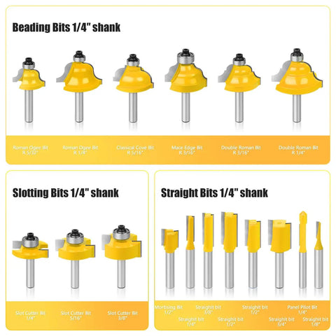 Badass 35 Piece Router Bit Set Offering Rock Solid Quarter Inch Shank Construction Premium Tungsten Carbide Tips For Smooth Woodworking Cutting Tasks And Heavy Duty Milling Jobs, displaying various router bits.