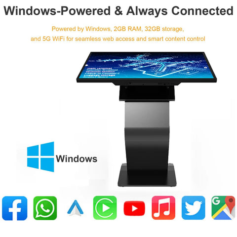 43 Inch Interactive Touch Screen Kiosk Running Windows Os Platform With Straight Up 10 Point Pc ap, showcasing apps and connections.