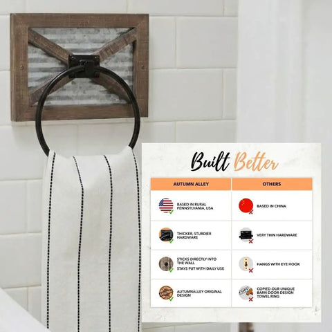 Rustic Farmhouse Towel Holder For Bathroom Wall Mounted Rack With Galvanized Metal Ring and Weathered Wood Mount on Wall