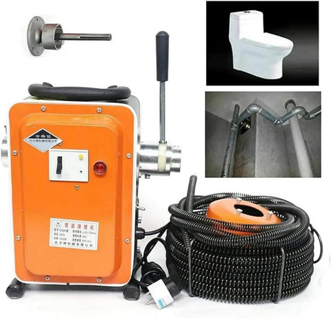 Cordless Automatic Pipe Cleaner Featuring Rugged Waterproof Motor And Five Meter Spiral Snake, includes drain cleaning attachments.