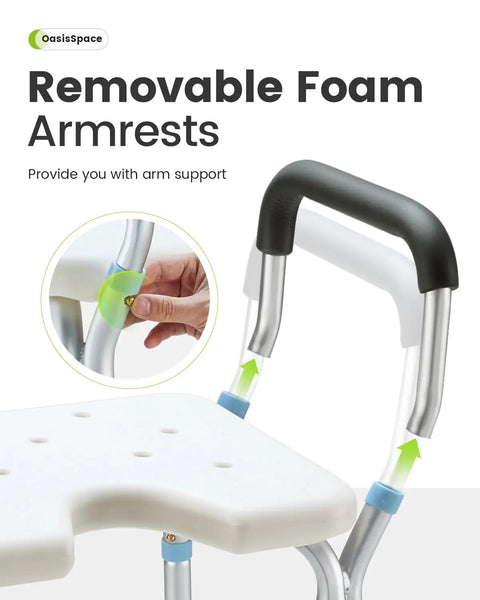 Detail of removable foam armrests on Heavy Duty Adjustable Shower Chair With Arms For Inside Shower 300 Lb Capacity Cutout Seat.
