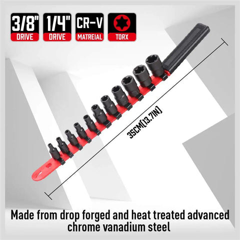 11-Piece E-Torx Socket Set With Rail And Organizer External Sockets E4 To E20 Drop-Forged Chrome Vanadium Steel Displayed