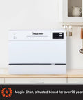 Real Deal Compact Countertop Dishwasher For Modern Kitchens Clean Cycle For Six Place Settings With A Durable Stainless Steel Tub and Super Chill Quiet Operation No Sweat Push Button Controls Space Savvy Portable Mini Washing Machine In Fresh White on kitchen countertop.