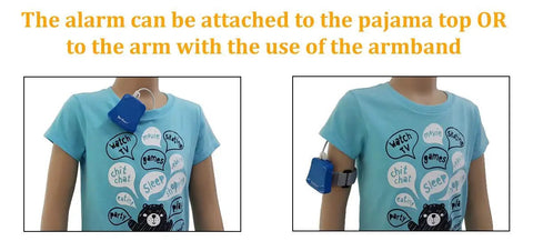Bedwetting Alarm With Volume Control And Six Sound Options Plus Gentle Vibration Secure Sensor Clip For Accurate Early Warnings And Helps Your Kid Stay Dry All Night Long For No Mess Mornings attached to pajama top or arm with armband