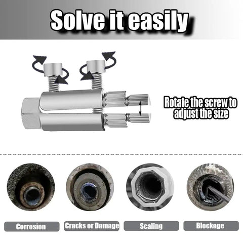 Pro Grade Heavy Duty Pipe Extractor Tool For Half Inch, Three Quarter Inch And One Inch Pipes, illustrating adjustment and uses