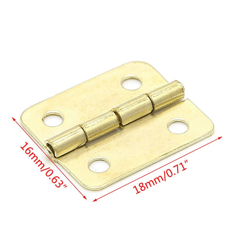10 Pack Gold Door Hinges For Cabinets 4 Hole Heavy Duty Iron Hardware Solid Easy Install For Jewelry Boxes, 18x16mm size shown