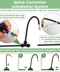 Diagram of quick connector installation for 130 Ft Drip Irrigation Kit For Garden With 20 Adjustable Sprayers And One Quarter Inch Tubing.