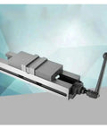 Pro Grade CNC Machine Vise Featuring Double Action Lockdown And Slick Quick Swap Slide Bar, showing gray component with handle.
