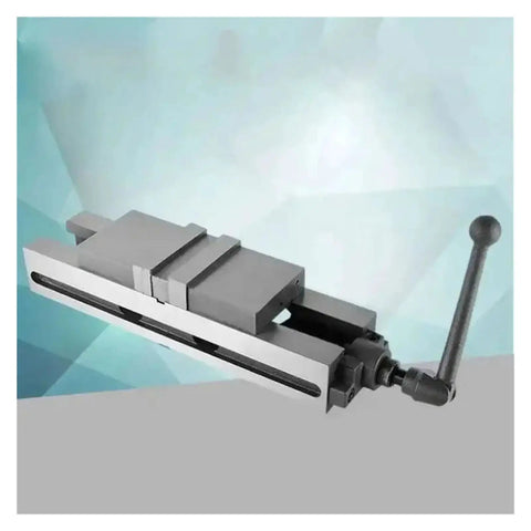 Pro Grade CNC Machine Vise Featuring Double Action Lockdown And Slick Quick Swap Slide Bar, showing gray component with handle.