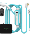 Heavy Duty Level 2 EV Charger With 40 Amp Flexibility And Rock Solid 240 Volt Wiring showing J1772 connector, 20-foot cord, and carrying case.