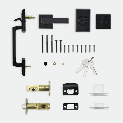 Front Door Handleset With Single Cylinder Deadbolt In Matte Black Zinc Alloy Lockset For Exterior Entry Reversible For Right Or Left Handed Doors Built To Last Easy Install Home Security Upgrade components displayed on white background.