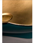 Close-up of Top Shelf Porcelain Vessel Sink For Modern Bathroom Vanity Above Counter with gold finish and curved edge.