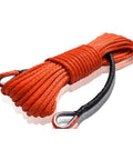 Off Road Winch Rope Extension For ATV UTV Three Eighth Inch Synthetic Cable Eighty Four Feet Orange Abrasion Resistant With Protective Sleeve And PVC Sheath Easy To Use Recovery Line For Tough Trails coiled and displayed.