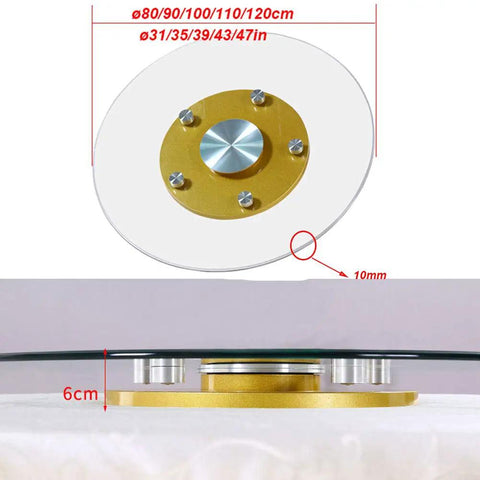Tempered Glass Swivel Turntable For Dining Table Lazy Susan Rotating Tray Gold Base, 31-47 Inch Size Diagram